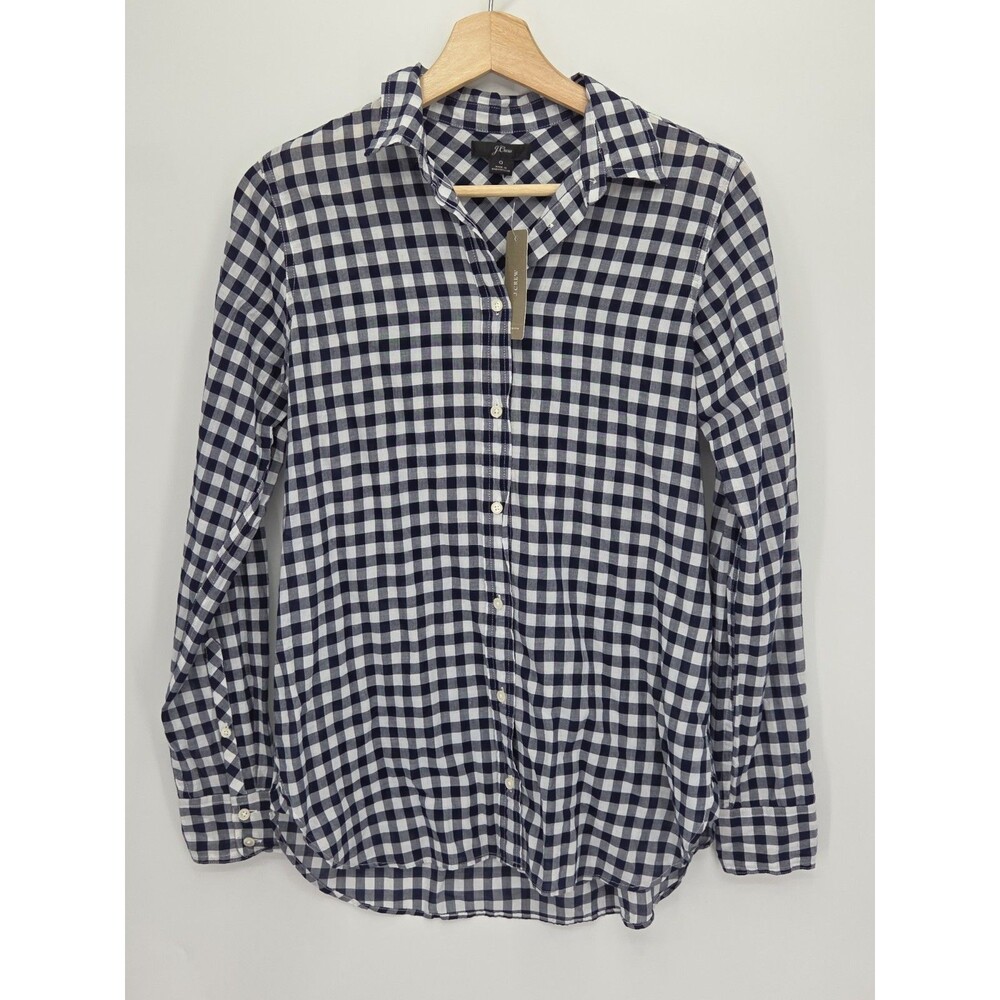 New J Crew Navy Gingham Crinkle Cotton Long Sleeve Boyfriend Shirt Size 0